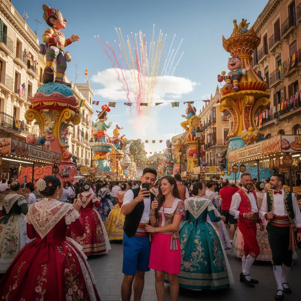 Grupo de turistas disfrutando de una visita guiada en una plaza emblemática de España.